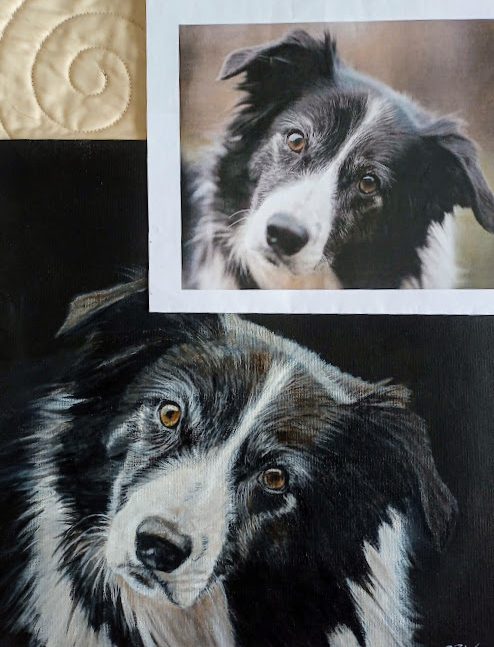 comparing a phot to the painted pet portrait commission