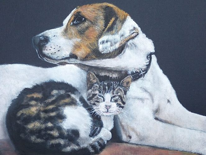 pet portrait of a cat and dog in realistic style on black background